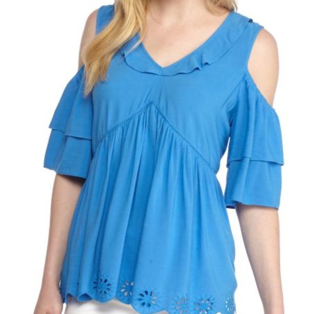 Kaari Blue™ V-Neck Cold Shoulder Top, Beam Blue,XS